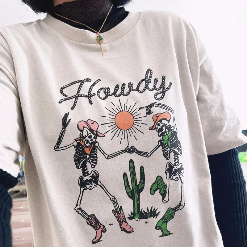 Vintage Howdy Skeleton Cowgirl Tee Summer Western Shirt Women