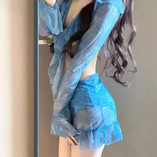 Four Piece Bikini Set Halter Neck Long Sleeve Cover Up Swimsuit