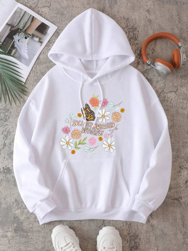 Flowers And Butterflies Hoodie Women Plants Prints Pocket Loose Pullover