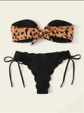 Strand Bikini 2024 Frau Sexy Front Lace Up Tie Bandeau Leopard Badeanzug Weibliche