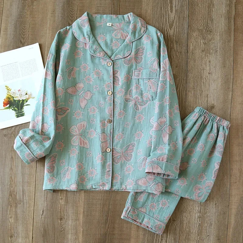 2025 Japanese Spring Autumn Women's Cotton Pajama Set Long Sleeve Pants