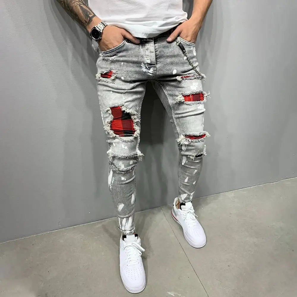 Streetwear Paneled Ripped Casual Denim Pants Popular Zipper