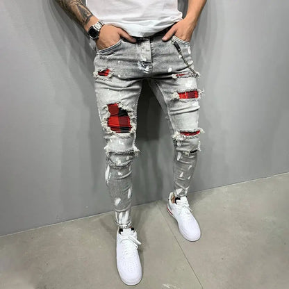 Streetwear Paneled Ripped Casual Denim Pants Popular Zipper