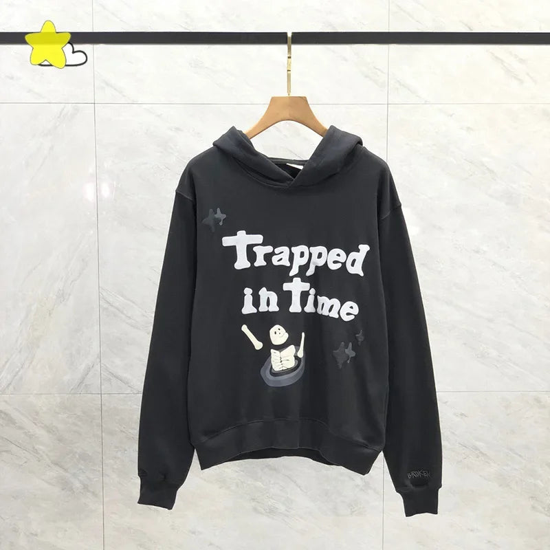 Men's Casual Foam Letters Graphic Hoodie High Quality Cotton Black Pullover