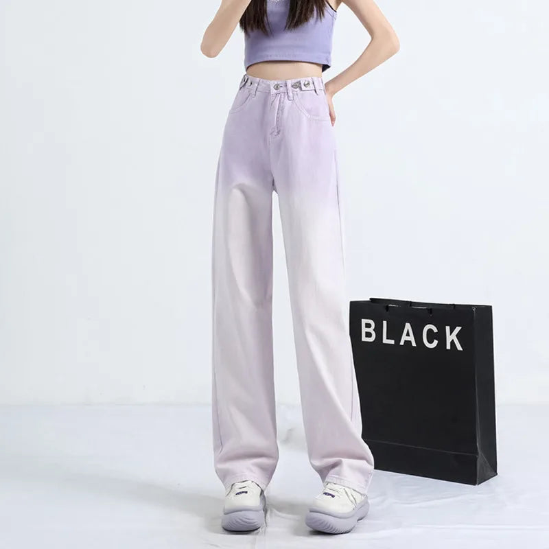 Women's Gradient Pink Purple Jeans High Waisted Slim Straight Denim