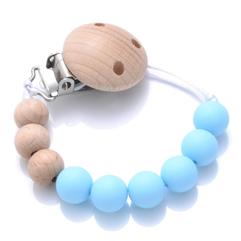 Wooden Pacifier Clip Silicone Beads Baby Teether Toy