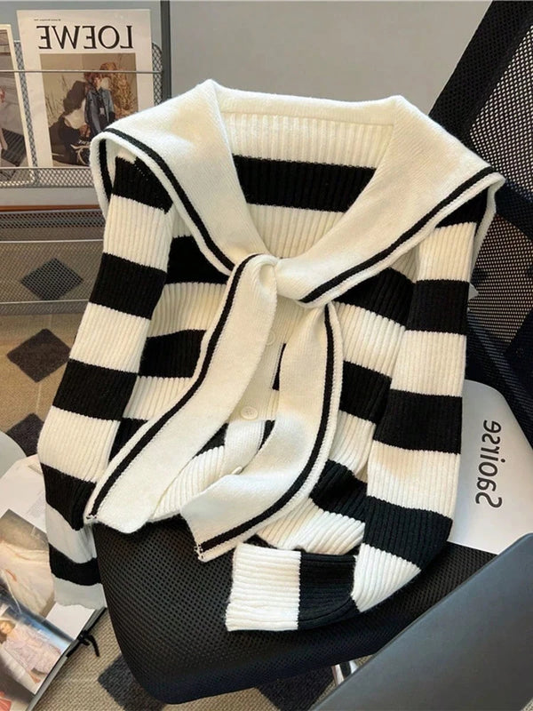 Womens Shawl Collar Layered Knit Top Striped Contrast