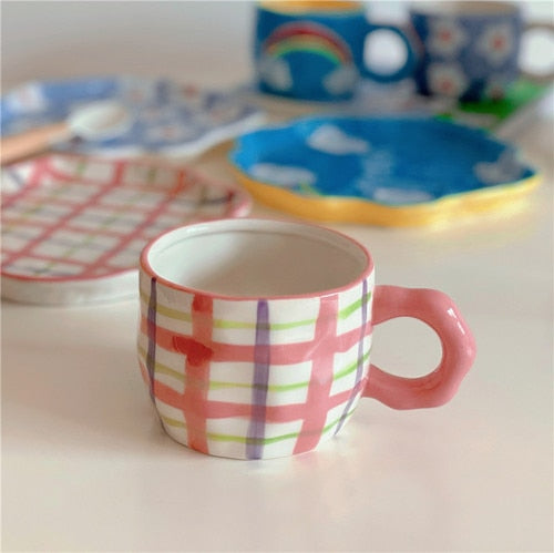 Mug Coffee Cup Ceramic Plate Rainbow Clouds Plaid Breakfast Plate