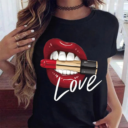 Women Tops O-neck Sexy Black Tees Kiss Lip Funny Summer Female