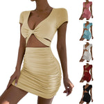 Y2k 2024 sleeved V-neck Waist Hollow Wrapped Hip Dress