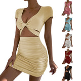 Y2k 2024 sleeved V-neck Waist Hollow Wrapped Hip Dress