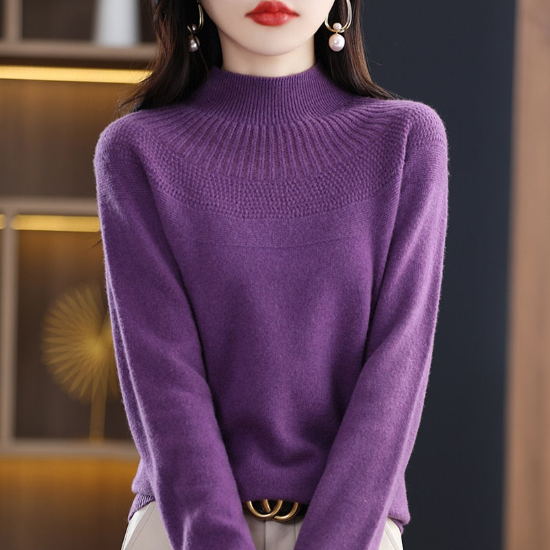 Cashmere knitting sweater high collar merino wool high collar slim soft long sleeve pullover top - xinnzy