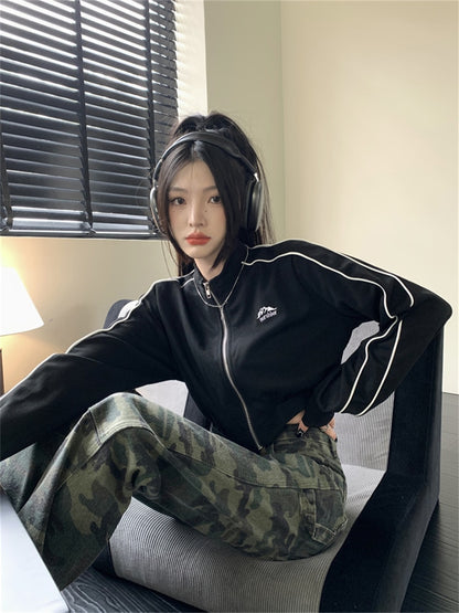 Hoodie Women Vintage Korean Fashion Striped Black Jackets Female Kpop