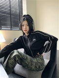 Hoodie Frauen Vintage Koreanische Mode Gestreifte Schwarze Jacken Weibliche Kpop