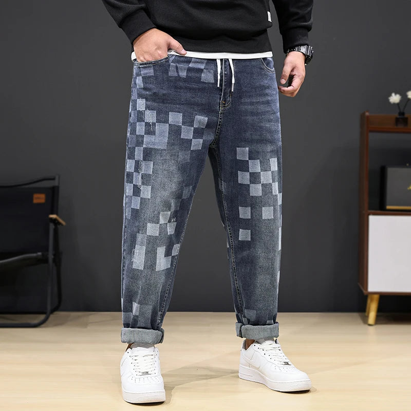 8XL Mosaic Print Oversized Jeans Men’s Loose Denim