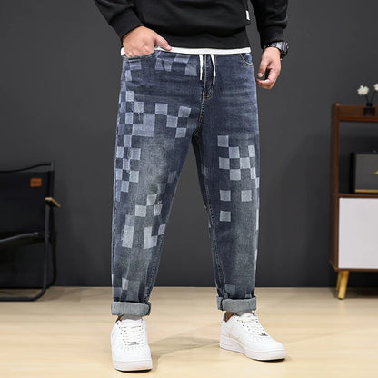8XL Mosaic Print Oversized Jeans Men’s Loose Denim