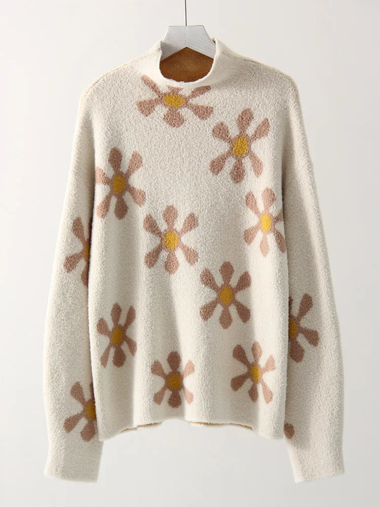 White Mohair Floral Sweater Women Oversized Winter