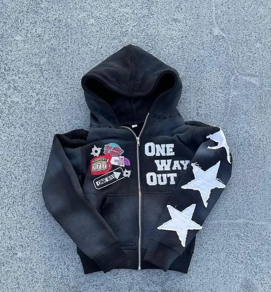 Hip-Hop Zipper Men Hoodie with Star and Text Design