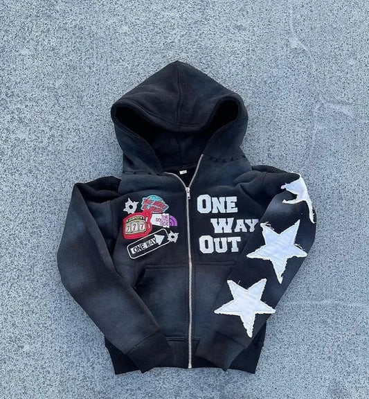 Hip-Hop Zipper Men Hoodie with Star and Text Design