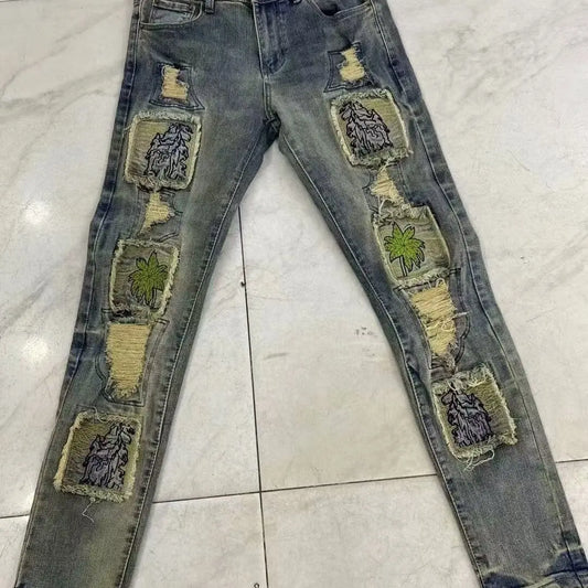 Men's Retro Patchwork Slim Fit Jeans Hip Hop Casual Streetwear