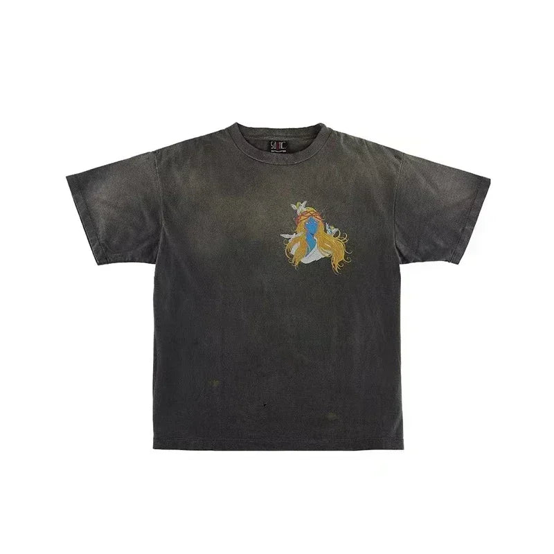 25SS Vintage Grey Saint T-Shirt Streetwear Character Logo Print Cotton
