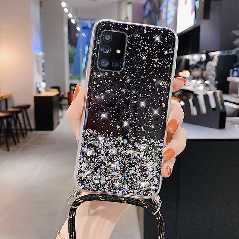 Transparente Glitzerhülle mit Umhängeband für Samsung Galaxy