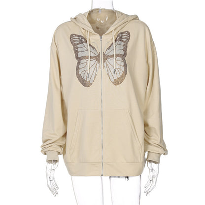 Women's Fashion Zip Up Hoodies Long Sleeve Y2K Butterfly Graphic Plain Cardigan