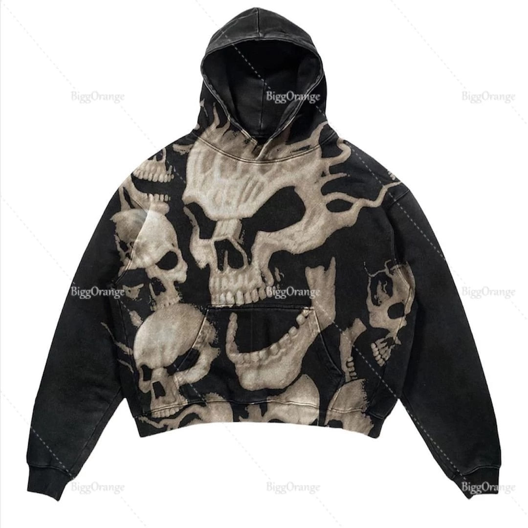 Black Hoodie With Skull Print Women Harajuku Y2K New Goth