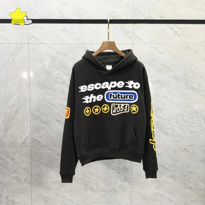 Men's Casual Foam Letters Graphic Hoodie High Quality Cotton Black Pullover