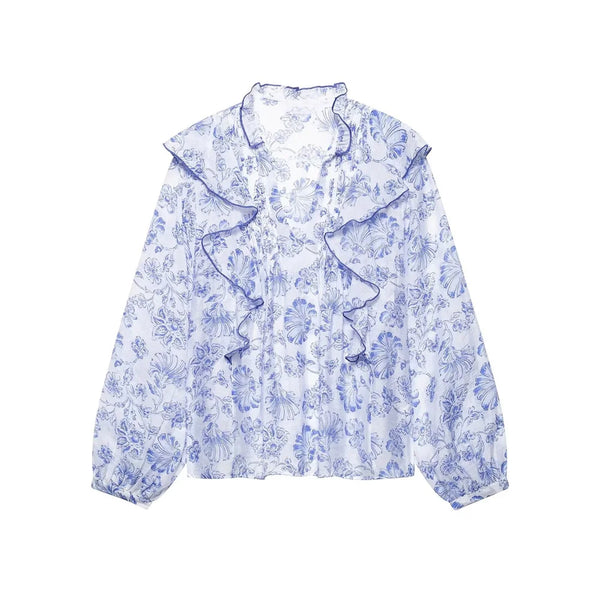 Blue White Floral Blouse Women Ruffled Long Sleeve Elegant Top