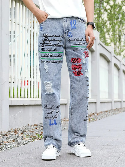 Men's y2k Baggy Jeans Hip Hop Ripped Trousers Harem Cartoon Loose