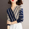 Womens Striped Pullover Sweater V Neck Long Sleeve Button Fall Winter