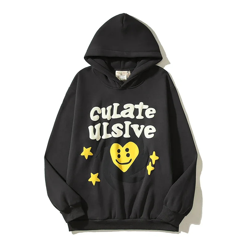 High Street Oversized Hoodie Yellow Stars Puff Print Pullover