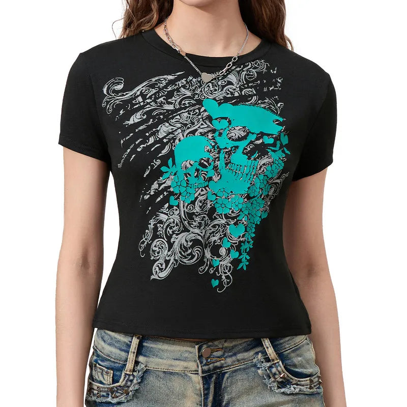 Y2K Skull Print T-Shirt Women’s Slim Fit Summer Streetwear Club Top