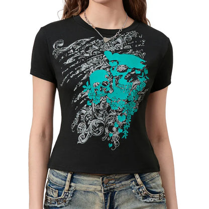 Y2K Skull Print T-Shirt Women’s Slim Fit Summer Streetwear Club Top
