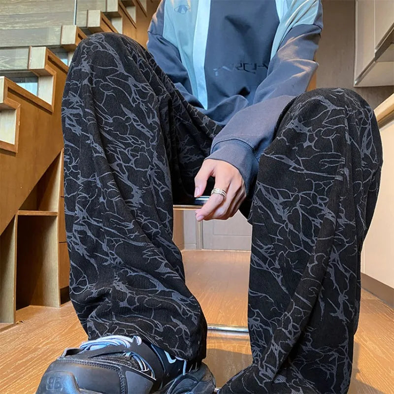 Stylish Full Print Men's Trousers Straight Loose Fit Corduroy Pants