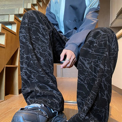 Stylish Full Print Men's Trousers Straight Loose Fit Corduroy Pants