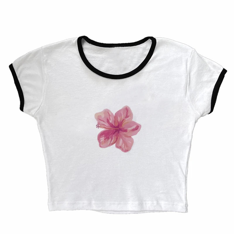 Retro EMO Girl Croptop Short Sleeve Flower Print Aesthetic