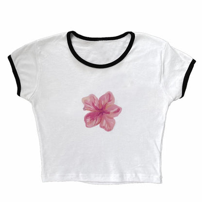 Retro EMO Girl Croptop Short Sleeve Flower Print Aesthetic