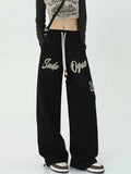 Harajuku Hip Hop Letter Black Sweatpants Outfit High Waist Wide Leg