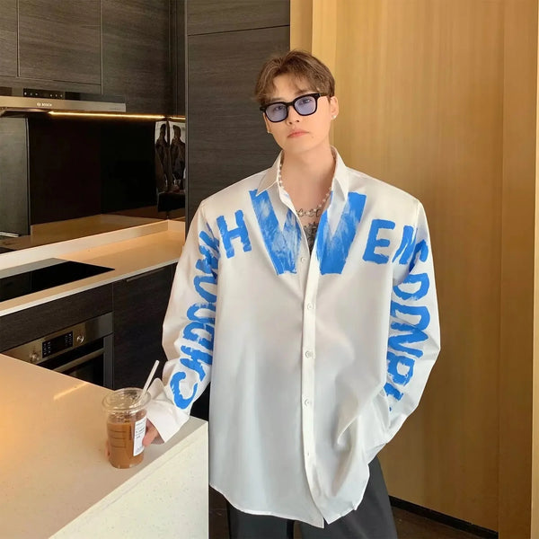 Mens Shoulder Pad Shirt Graffiti Letter Square Collar Long Sleeve