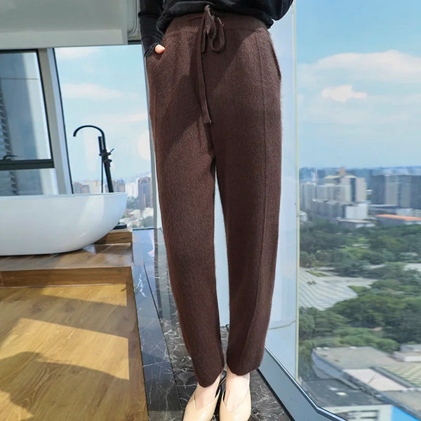 Thick Mink Cashmere Knitted Pants Women High Waisted Warm Winter