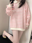 Sweatshirt Pink Striped Woman Japanese Cute Cartoon Print Polo Collar Pullover