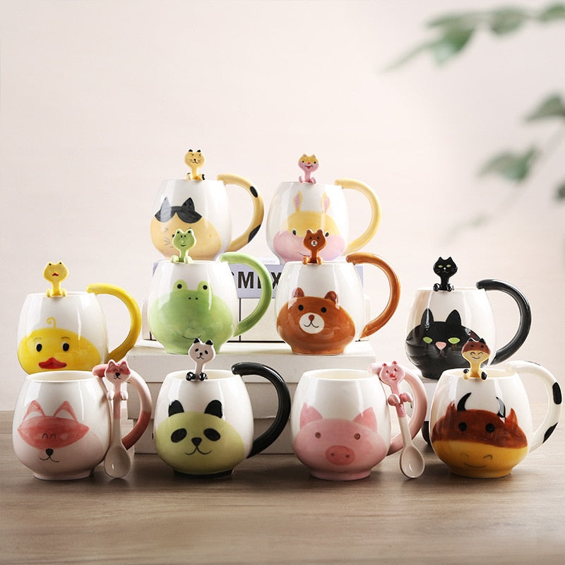 Mug Cartoon Lovely Panda Frog Cat Fox Pig Include spoon