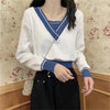 Women Color Block Sweater V Neck Layered Loose Knit Top Spring Fall