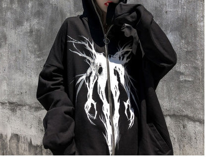 Hoodie Women Black Oversized Full Zip Hooded Sweatshirt Goth Grunge