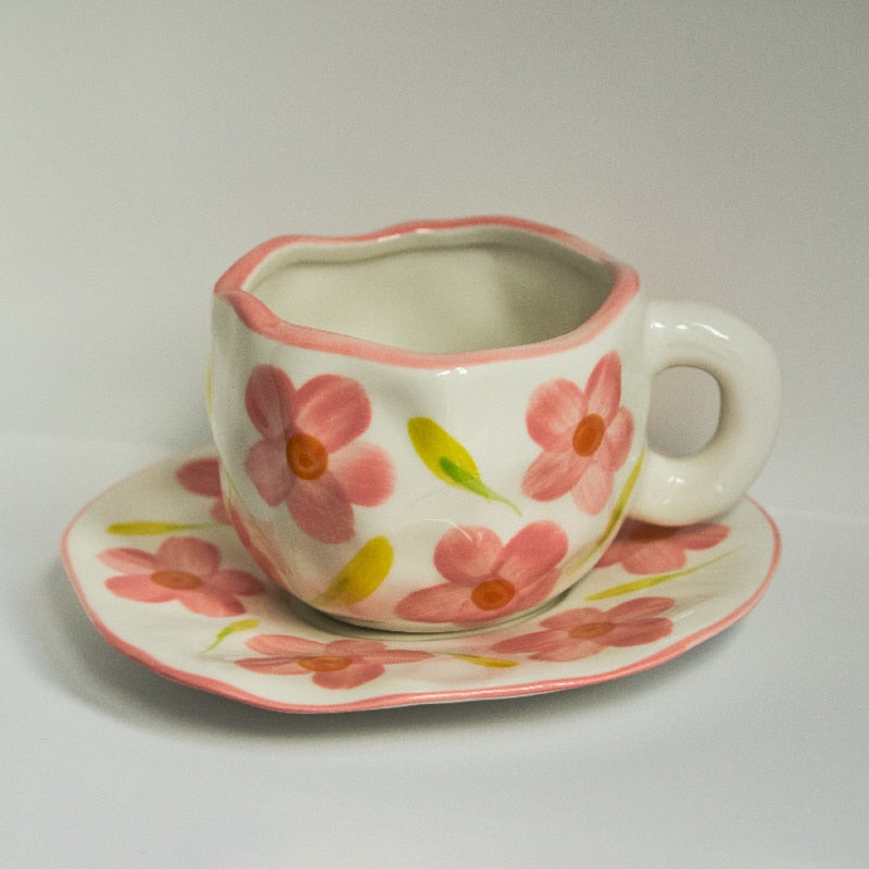 Korean Style Hand Made Irregular Mug Hand Flowers Ceramic