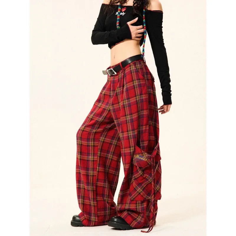 American Red Retro Checkered Wide Leg Pants Women Y2K Korean Style