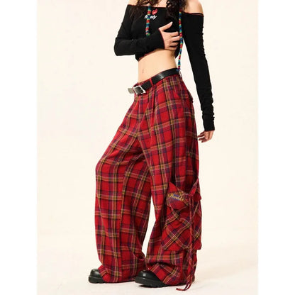 American Red Retro Checkered Wide Leg Pants Women Y2K Korean Style