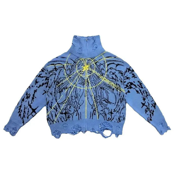 Y2K Angel Cartoon Print Zipper Cardigan High Street Knit Sweater